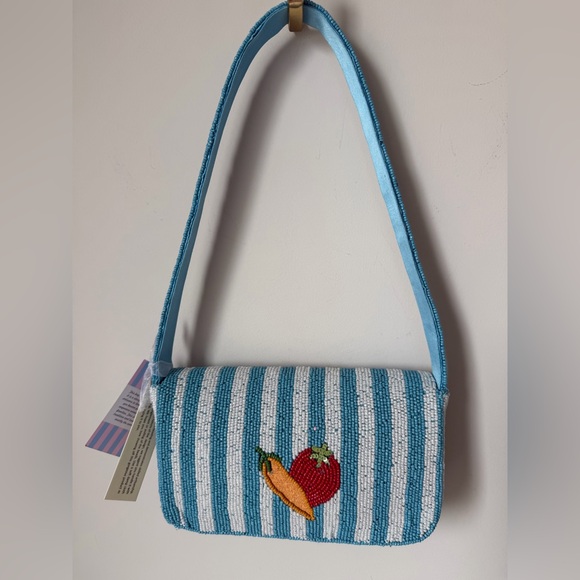 Viral beaded fruit basket Blue white Striped Shoulder Bag - Picture 5 of 6